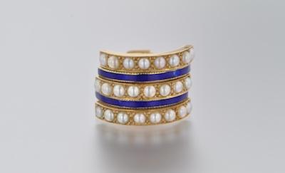 Appraisal: A Pearl and Blue Enamel Ring Tested k yellow gold