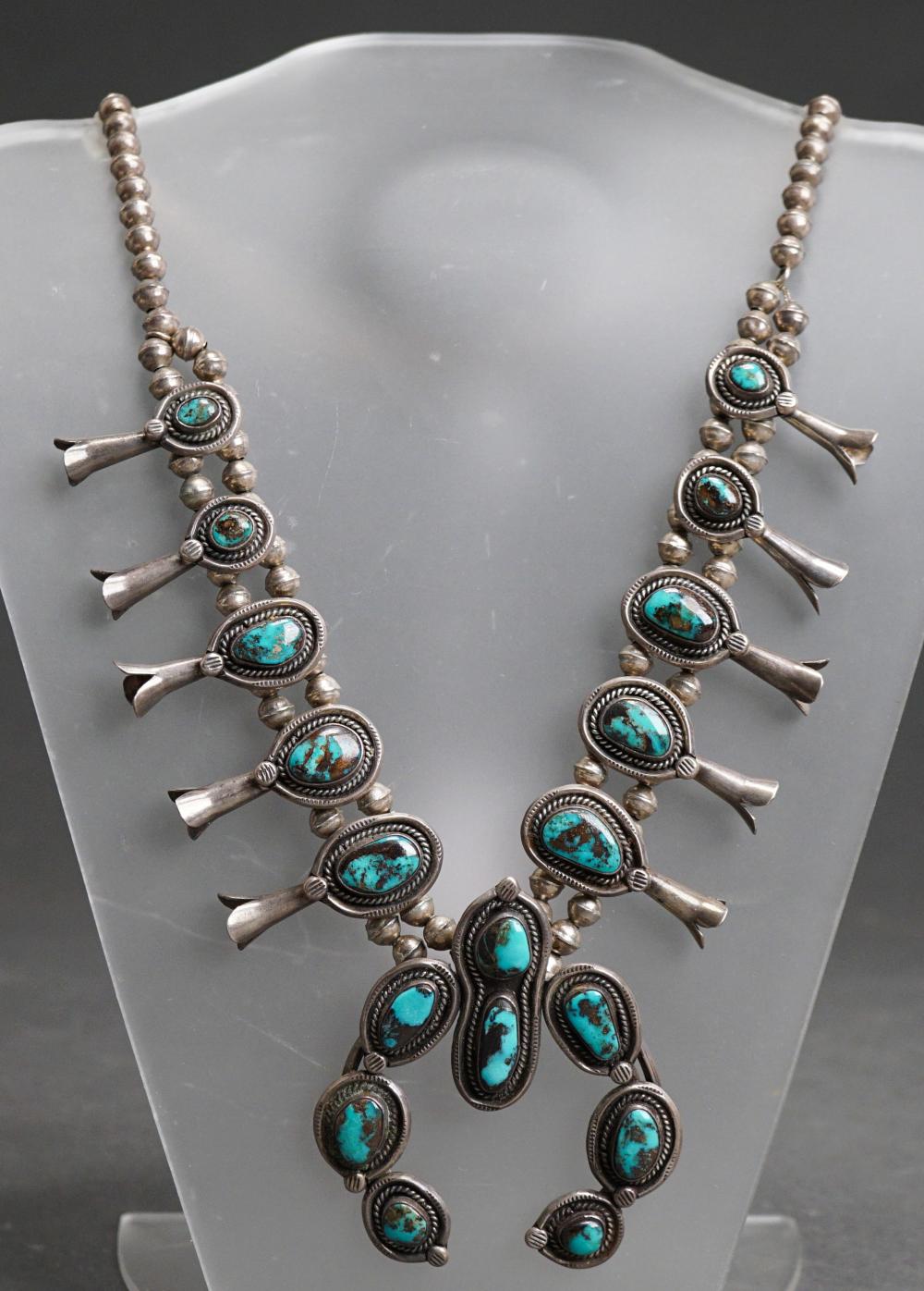 Appraisal: Southwest Silver and Turquoise Squash Blossom Necklace L of Necklace