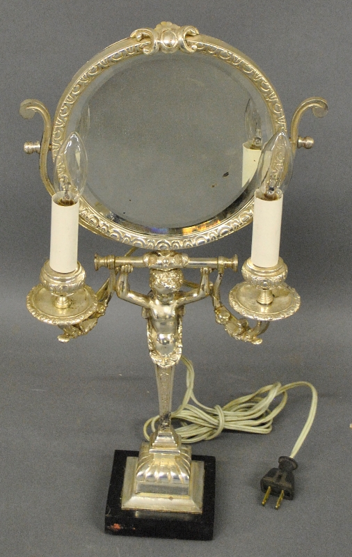 Appraisal: - French style silverplate lighted makeup mirror with two candlestick