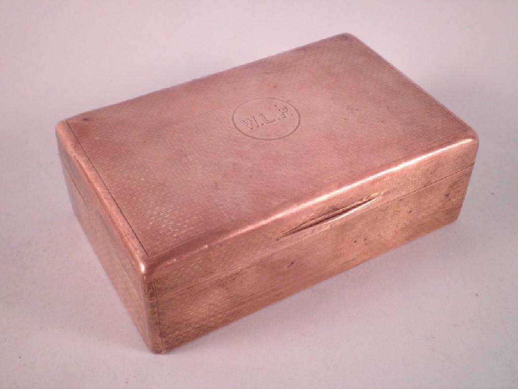 Appraisal: An engine turned rectangular silver cigarette box with a hinged