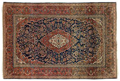 Appraisal: Isfahan rug ornate salmon and ivory central medallion on blue