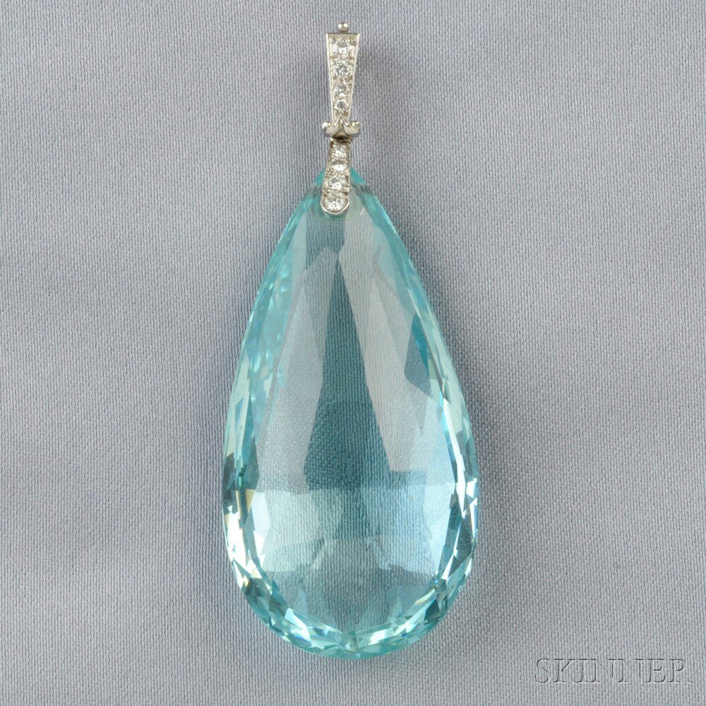 Appraisal: Edwardian Aquamarine Pendant the large faceted aquamarine drop measuring approximately