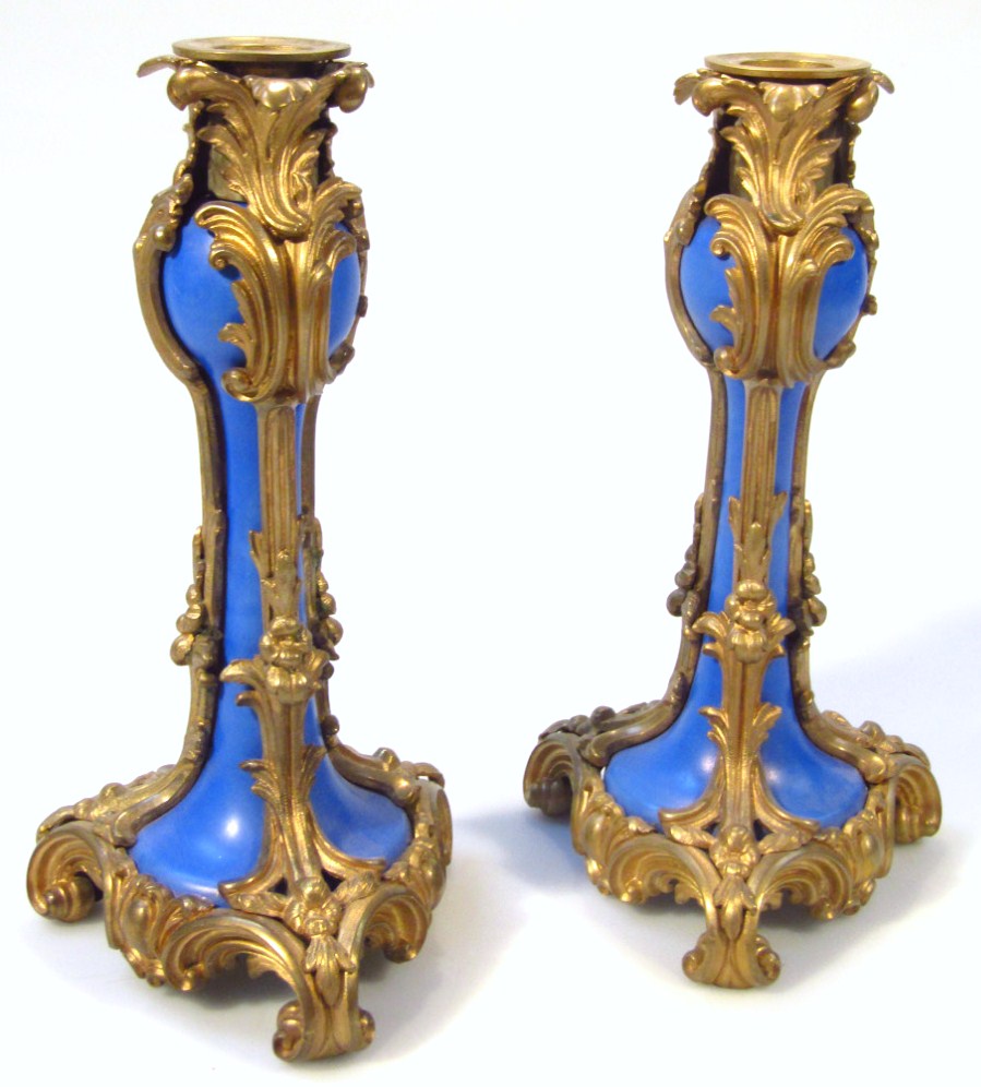 Appraisal: A pair of Sevres style gilt metal and blue porcelain