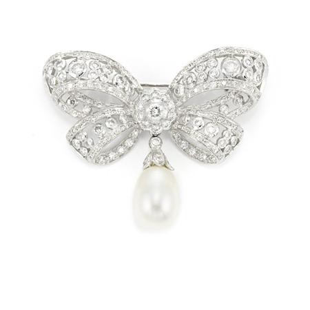 Appraisal: White Gold Diamond and Biwa Pearl Bow Brooch Estimate -