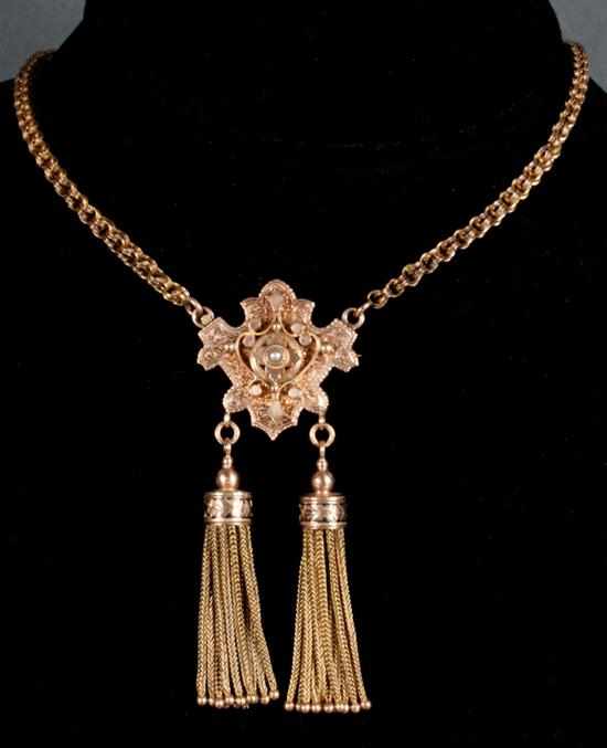 Appraisal: Etruscan Revival K gold niello enamel and pearl pendant-brooch necklace