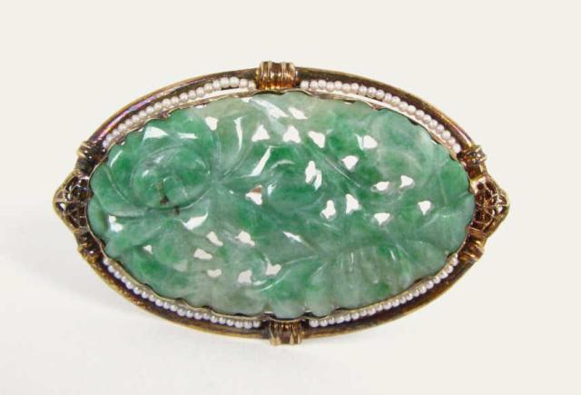 Appraisal: K Yellow Gold Jade and Seed Pearl Pin