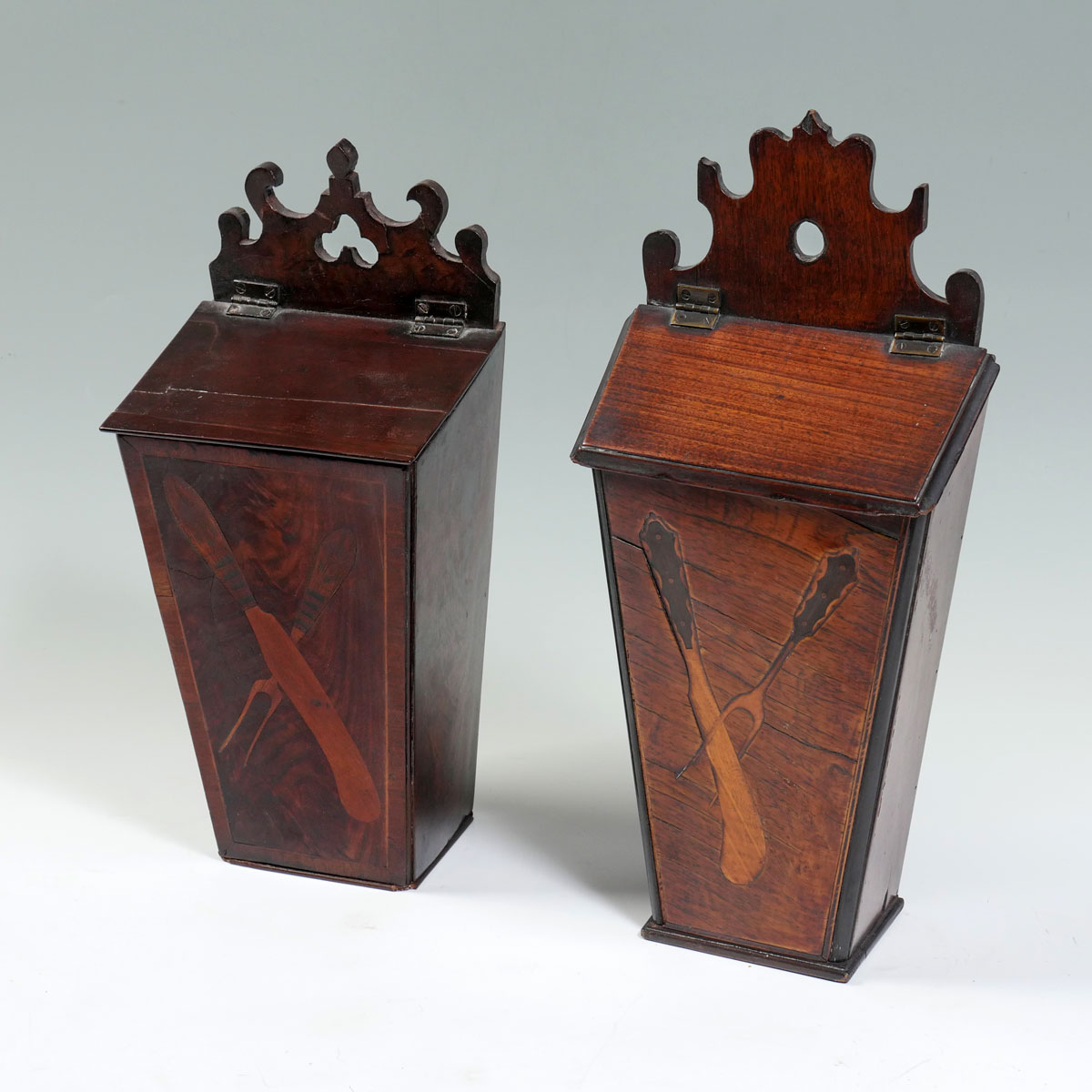 Appraisal: PC GEORGIAN INLAID SLANT LID KNIFE BOXES knife boxes having