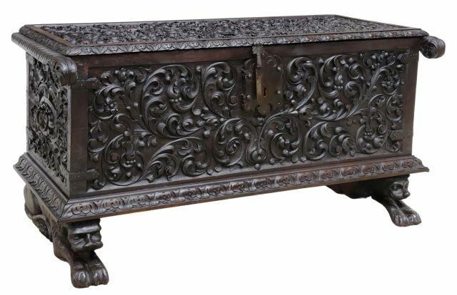 Appraisal: Ornate Spanish walnut storage trunk chest th c entirety with