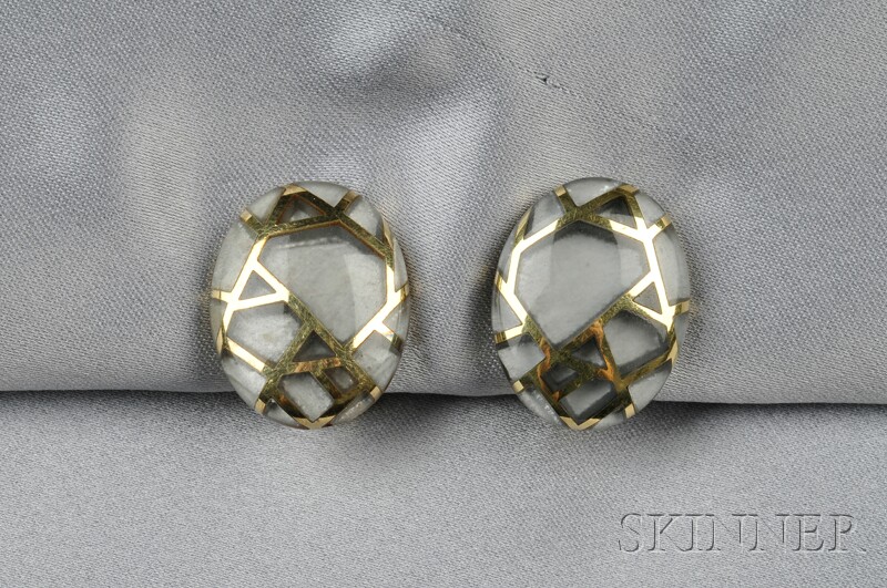 Appraisal: kt Gold and Rock Crystal Intarsia Earclips Angela Cummings c