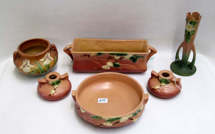 Appraisal: ROSEVILLE ART POTTERY six pieces Snowberry pattern c planter WX