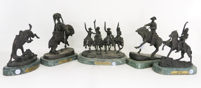 Appraisal: FIVE CAST BRONZE SCULPTURES AFTER FREDERIC REMINGTON Buffalo Horse Scalp