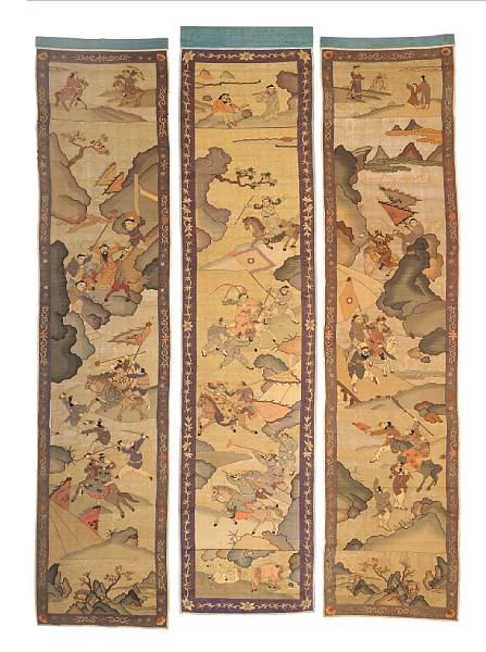 Appraisal: Three kesi-woven silk battle scene panels with metallic thread background