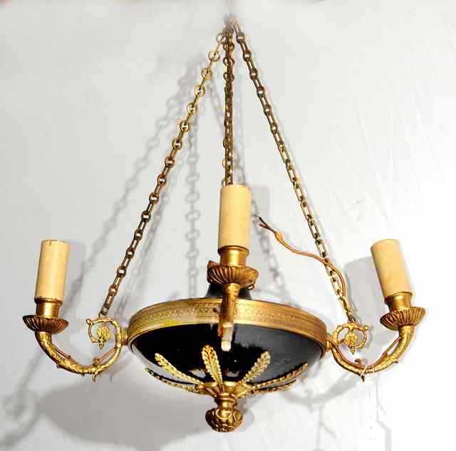 Appraisal: AN EMPIRE STYLE ORMOLU FOUR BRANCH CHANDELIER with foliate mounts