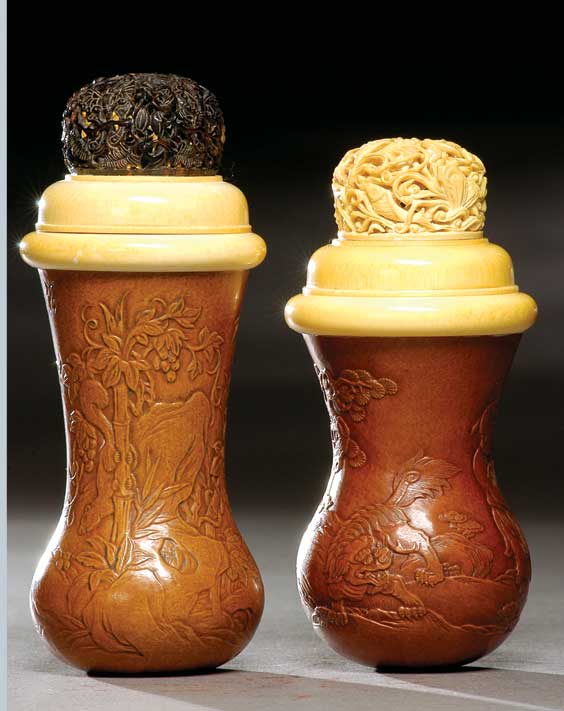 Appraisal: TWO FINE GOURD CRICKET CAGES Two finely moulded Chinese gourd