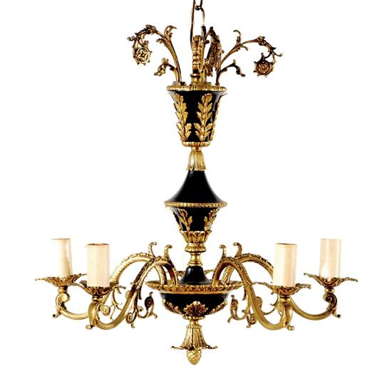 Appraisal: Brass and black lacquer five-light chandelier central urn-form column with