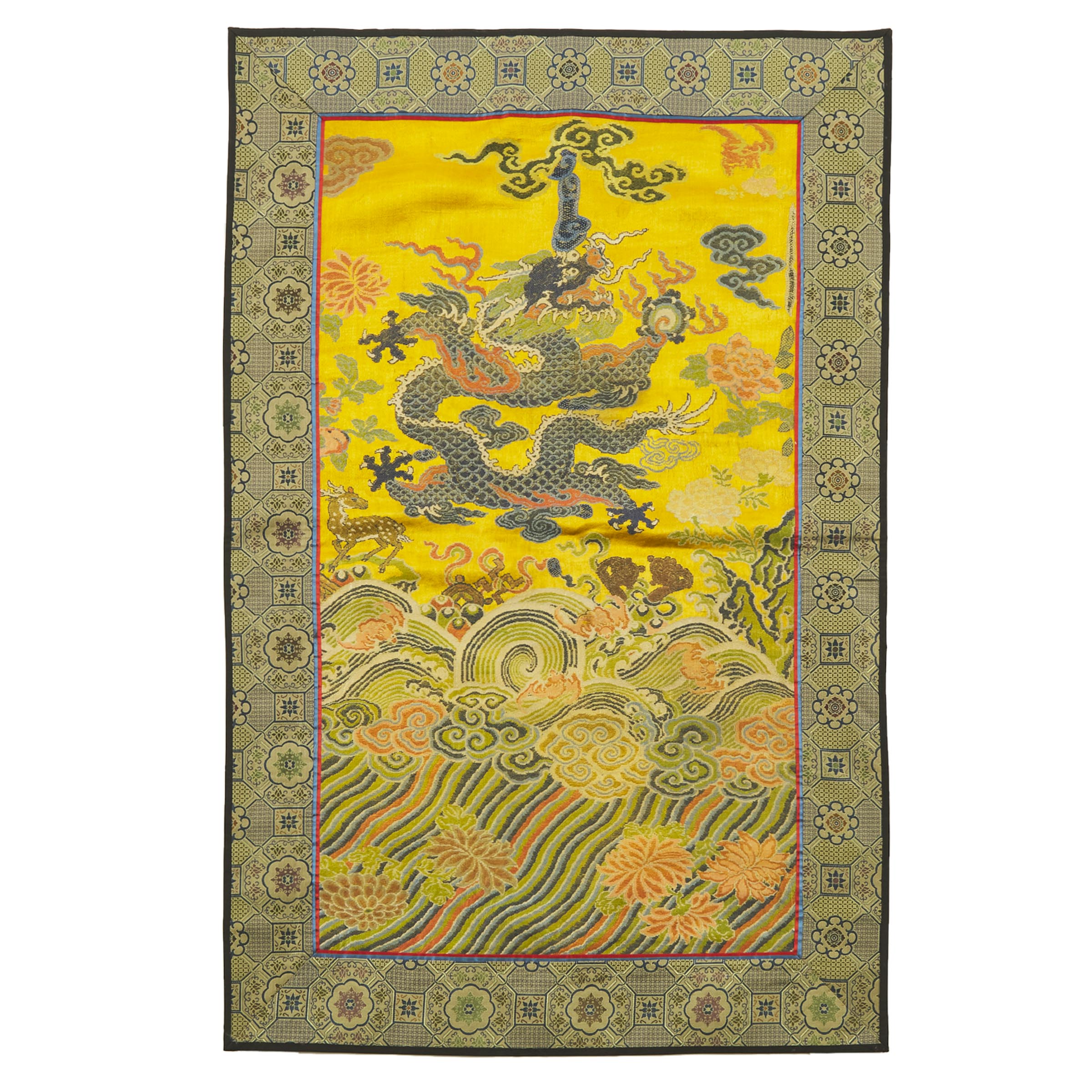 Appraisal: A Yellow-Ground Blue Silk Embroidered 'Dragon' Panel Qing Dynasty th