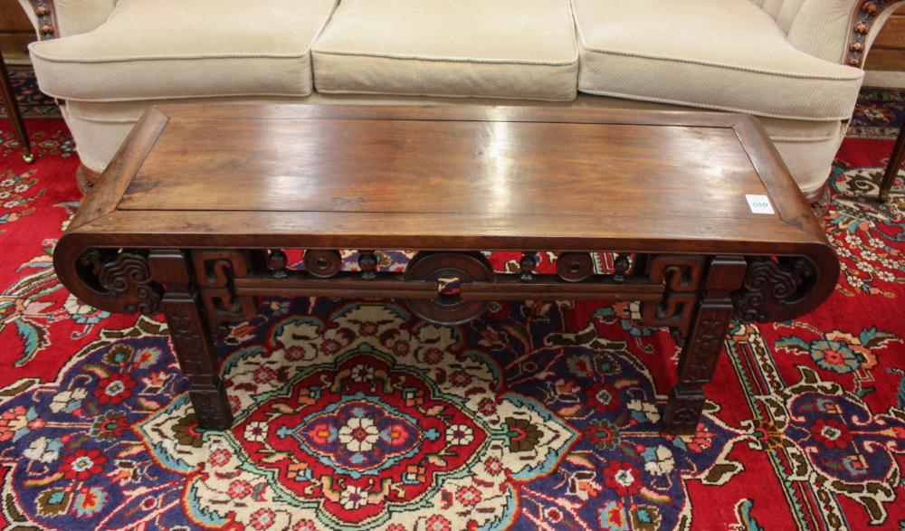 Appraisal: TWO CHINESE ROSEWOOD TABLES rectangular bamboo-carved occasional table H x