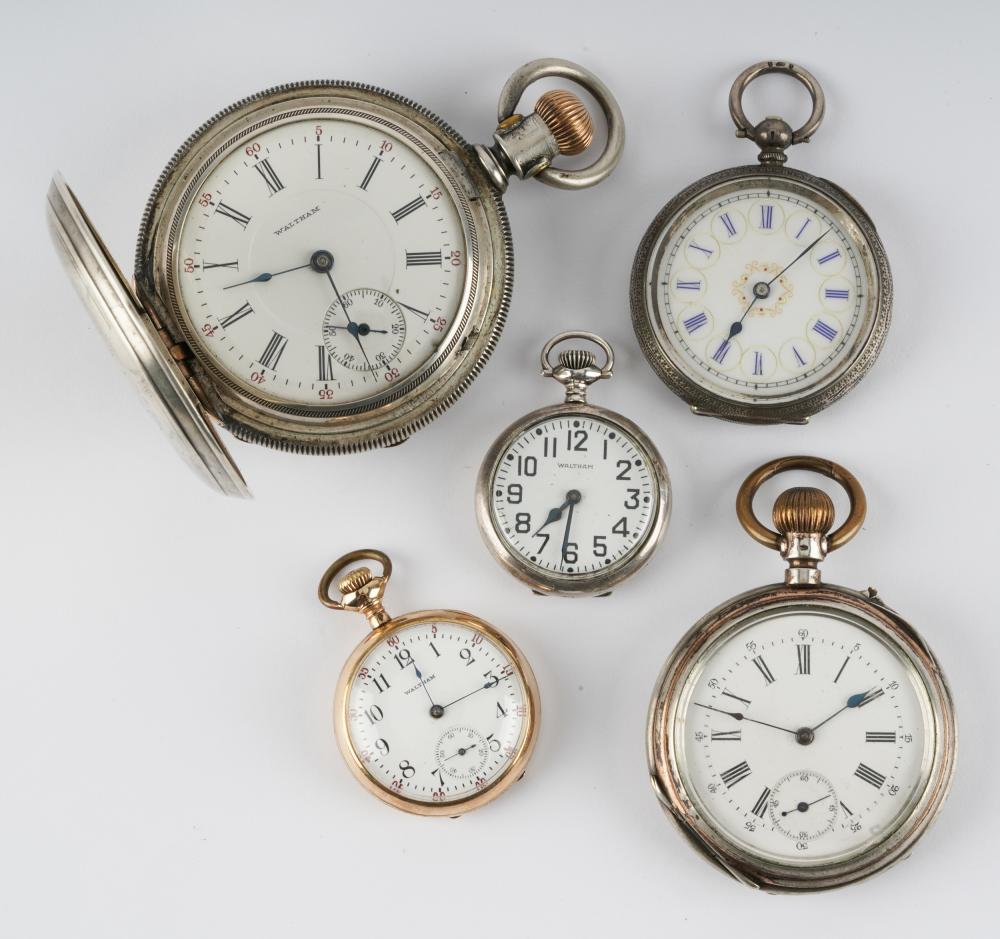 Appraisal: FIVE STERLING SILVER AMERICAN WALTHAM SWISS POCKET WATCHESthe st Keystone