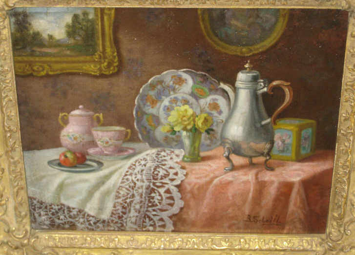 Appraisal: B SCHAULLI GERMAN Still life of a table set for