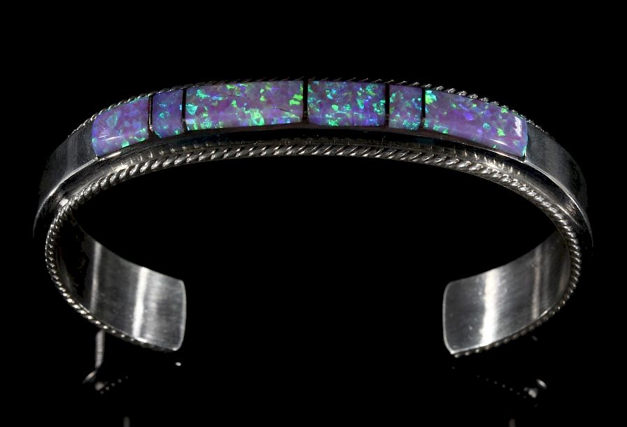 Appraisal: Fran Yazzie Navajo Inlaid Pink Opal Sterling Cuff For bidding