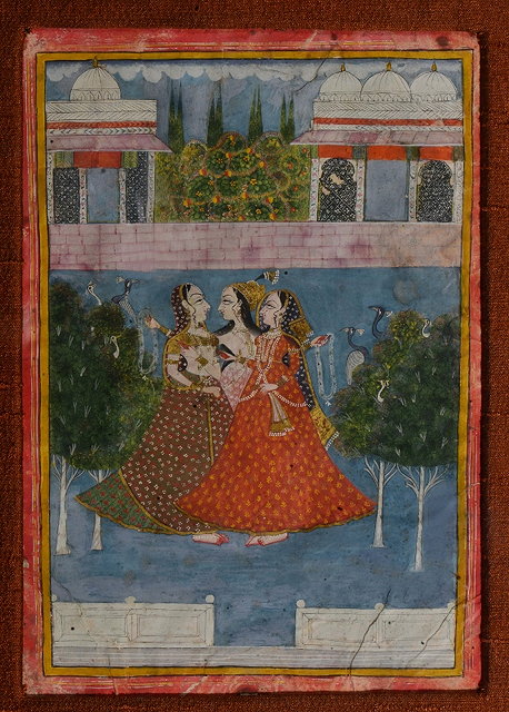 Appraisal: AN INDIAN MINIATURE PAINTED WITH THREE LADIES trees and exotic