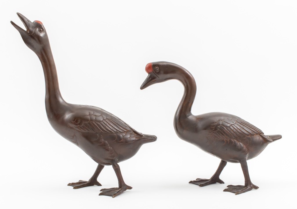 Appraisal: MEIJI STYLE BRONZE GOOSE SCULPTURES PAIR Pair of Japanese Meiji