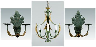 Appraisal: Iron and toleware chandelier sconces three pieces with old green-painted