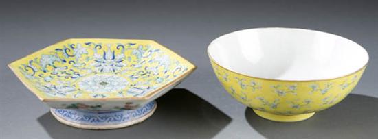 Appraisal: Two Chinese yellow glazed porcelain dishes Footed hexagonal dish having