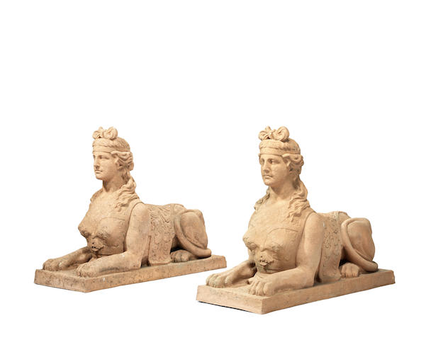 Appraisal: A pair of English th century large red stoneware sphinxes