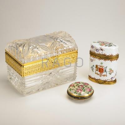 Appraisal: DECORATIVE BOXES Samson snuff box Feuillet snuff box and glass