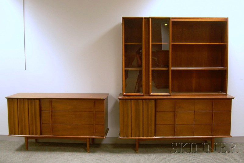 Appraisal: United Mid-century Modern Walnut Credenza and Two-part Breakfront respective ht