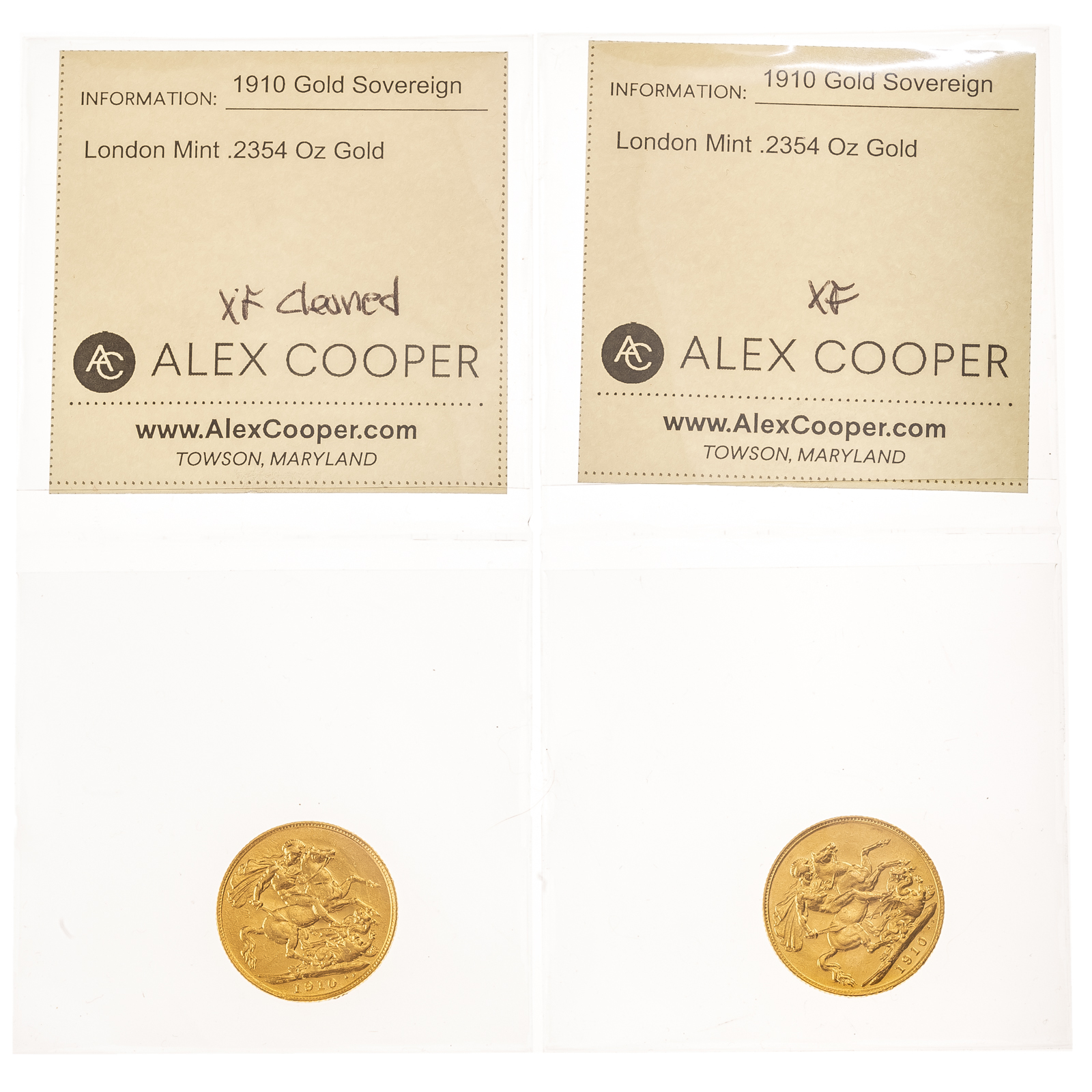 Appraisal: A PAIR OF SOVEREIGNS FROM LONDON MINT XF XF-Cleaned