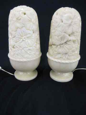 Appraisal: Pair of Carved Alabaster Lamps domed design floral openwork ''