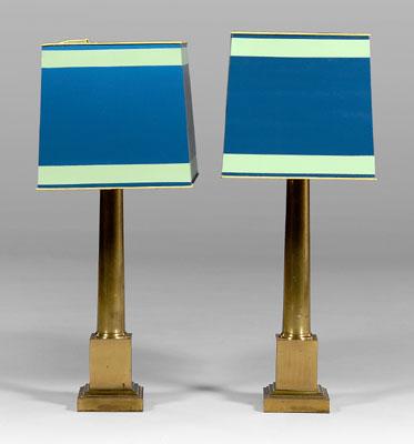 Appraisal: Pair brass lamps tapered columns on stepped plinths each with