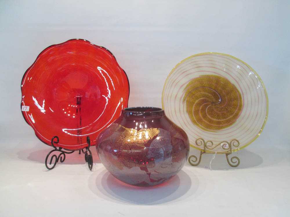 Appraisal: THREE STUDIO ART GLASS PIECES including a bulbous vase signed