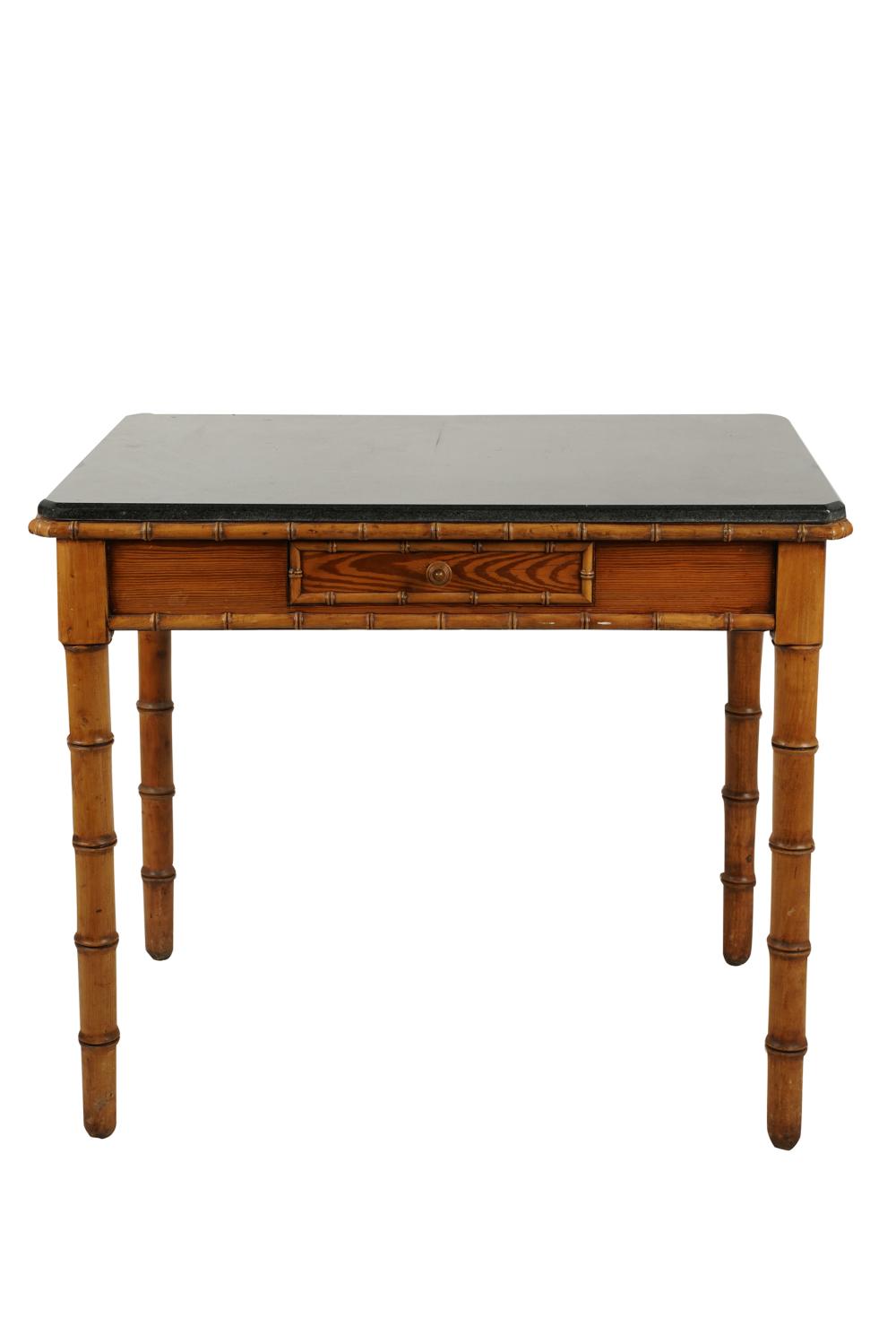 Appraisal: PINE FAUX BAMBOO STONE-TOP TABLEwith one drawer inches wide inches