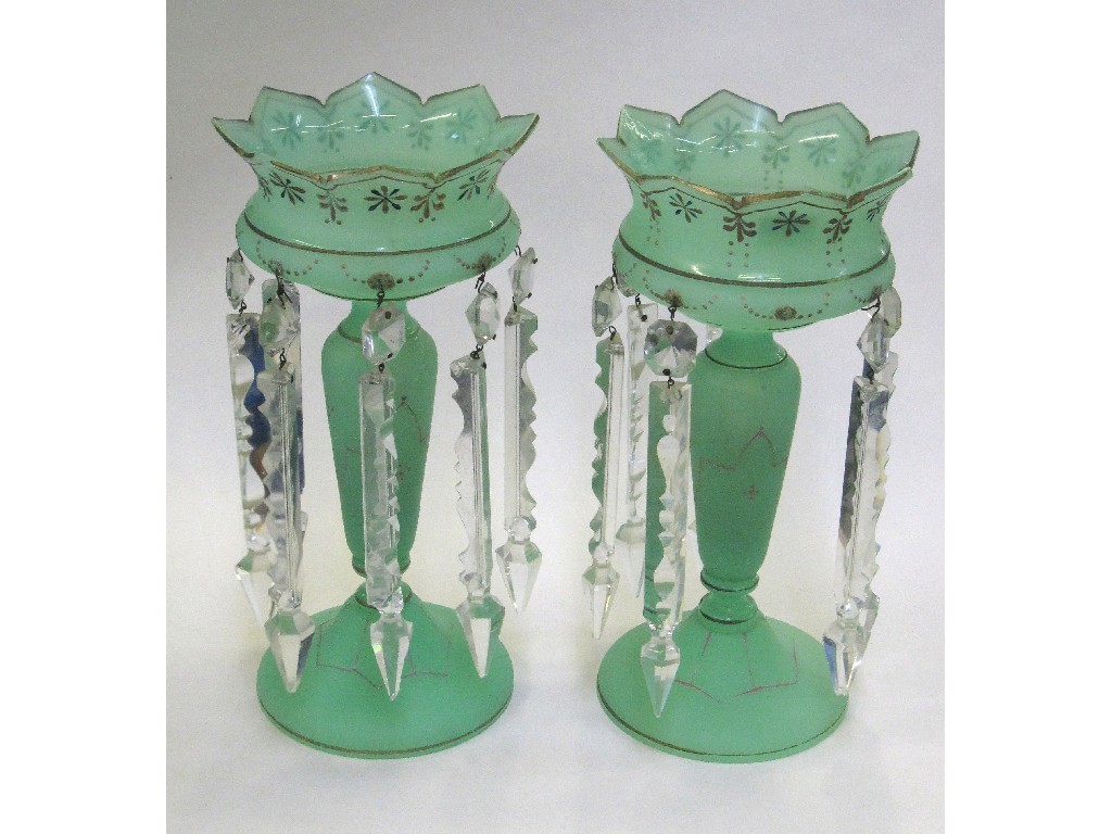 Appraisal: Pair of green glass lustres with handpainted decorated