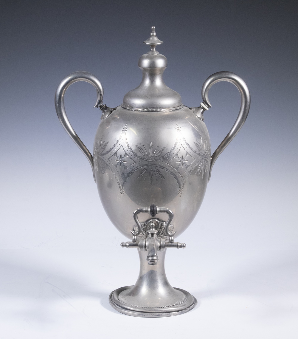 Appraisal: VICTORIAN SILVER-PLATE BEVERAGE URN th c English Silver-Plate Beverage Dispenser