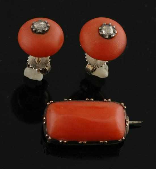 Appraisal: A pair of Victorian coral and diamond earrings and brooch