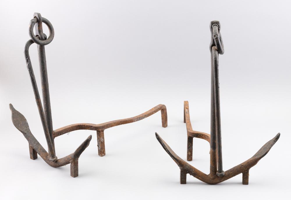 Appraisal: PAIR OF WROUGHT IRON ANCHOR-FORM ANDIRONS TH EARLY TH CENTURY