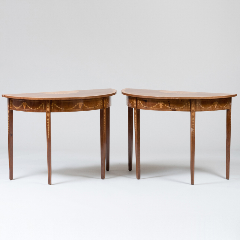 Appraisal: PAIR OF GEORGE III STYLE INLAID MAHOGANY SATINWOOD DEMILUNE TABLES