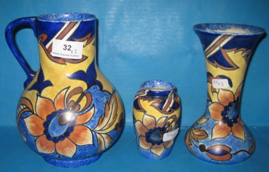 Appraisal: Clews Co Chameleon Ware Vases and Jug decorated with Various