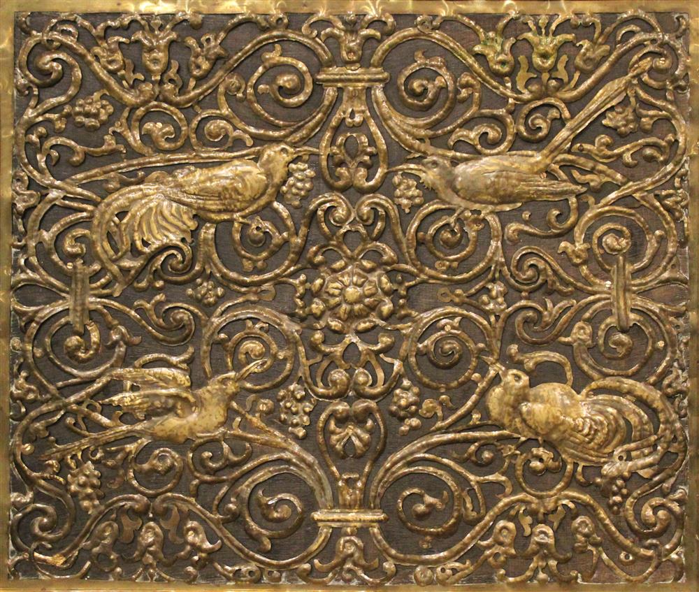 Appraisal: CONTINENTAL FRAMED REPOUSEE GILT METAL 'BIRD' APPLIQUE possibly a fragment