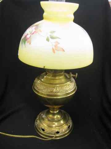 Appraisal: Brass Kerosene Lamp satin handpainted umbrella shade electrified