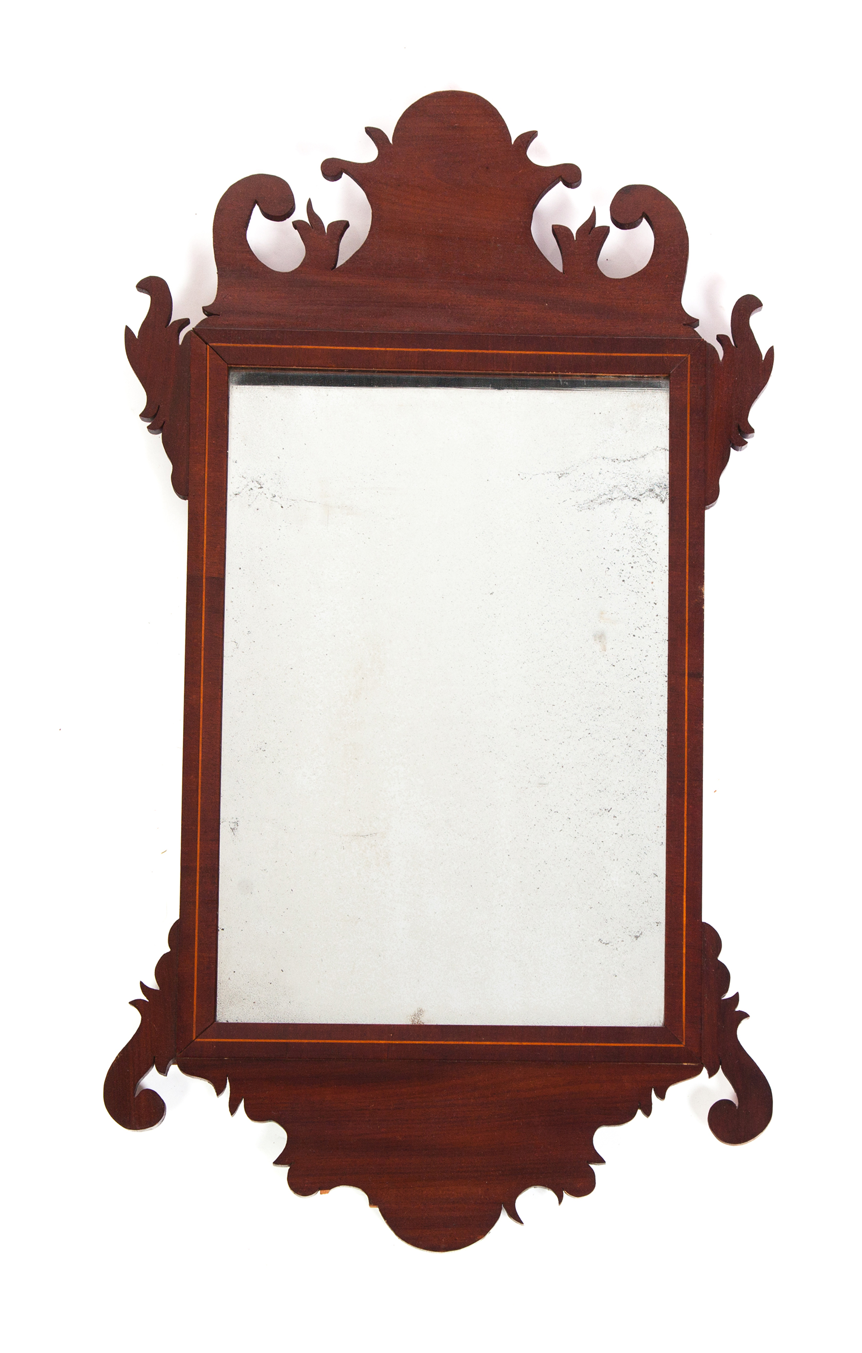 Appraisal: AMERICAN TRANSITIONAL MIRROR Late th century mahogany String inlay scrolled