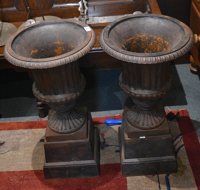 Appraisal: A pair of Victorian cast iron small garden urnsand pedestals