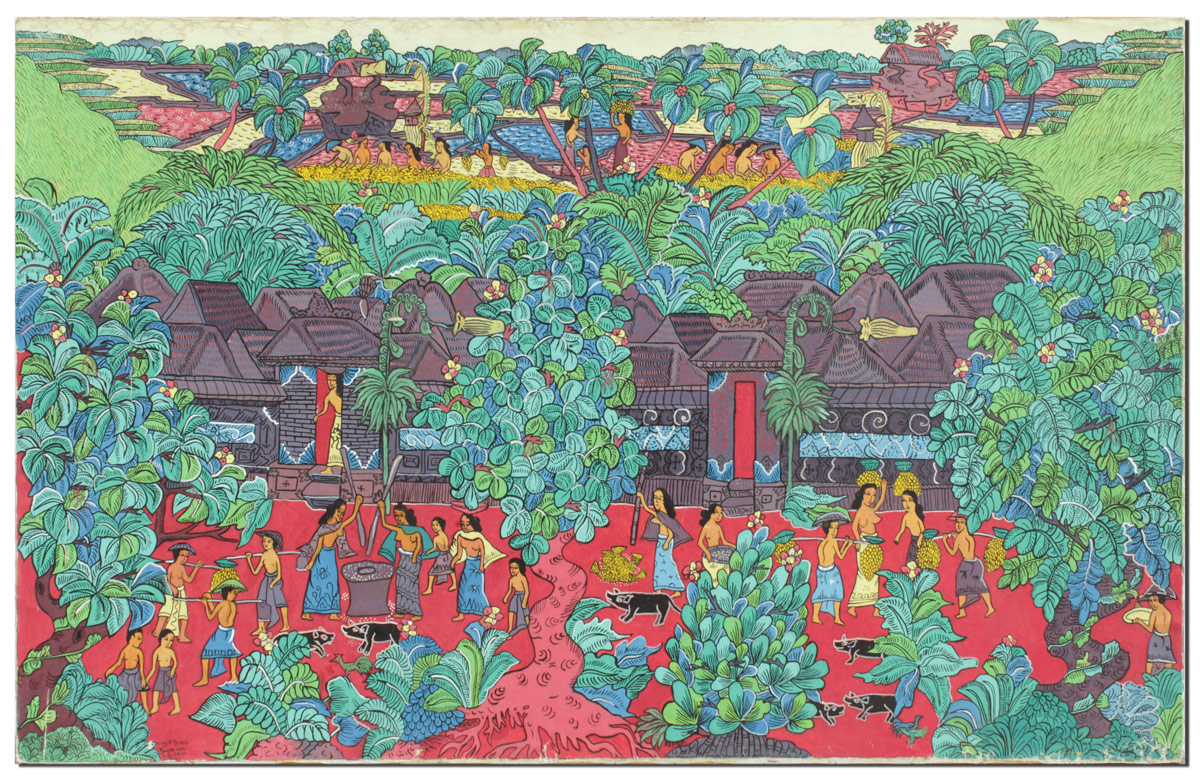 Appraisal: LARGE BALINESE VILLAGE PAINTING Oil Canvasboard '' x '' unframed