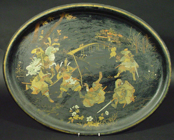 Appraisal: th century oval black lacquered papier mache tray with chinoiserie