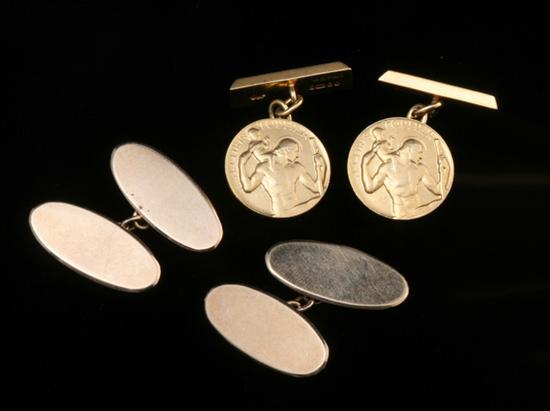 Appraisal: TWO PAIRS ENGLISH K YELLOW GOLD CUFFLINKS One pair constructed