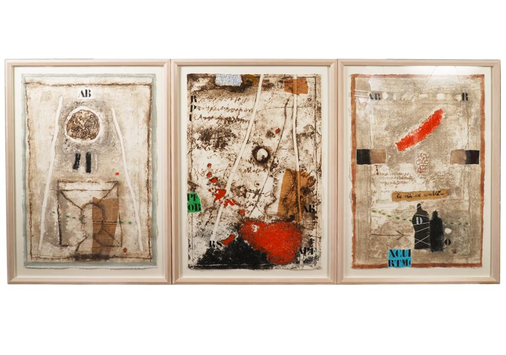 Appraisal: JAMES COIGNARD TRIPTYCH MIXED MEDIA ABSTRACTSJames Coignard triptych with mixed